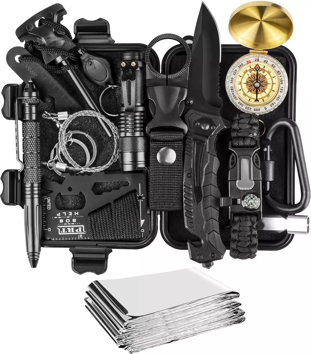 WeXplore Survival Kit – 14-delige Outdoor Set met Zakmes, Vuurstarter, Kompas, Zaklamp & Meer – Voor Kamperen, Reizen en Noodsituaties