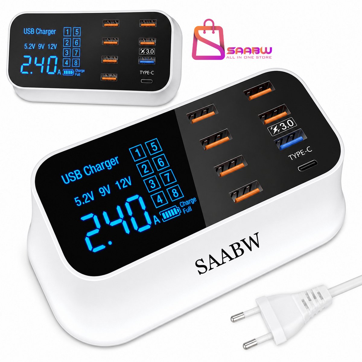 USB Oplader 40W met 8 Poorten – Snellader QC 3.0 & USB-C met LCD Display – Desktop Telefoonlader – snellader qc 3.0 – telefoon oplader meerdere apparaten – universele usb snellader – usb laadstation – 30135