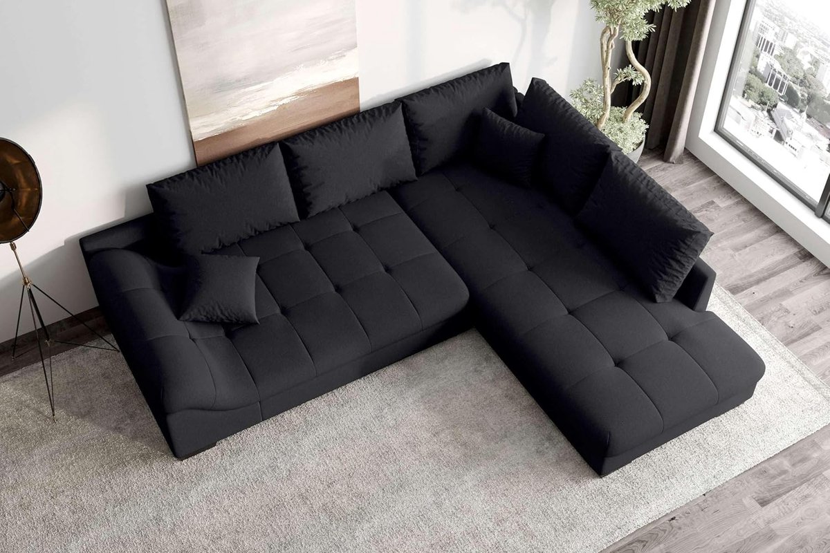Moderne Terra XL Hoekbank 298 cm met Ottoman Rechts – Luxe Structuurstof Neve Zwart, 5 Kussens & Comfort Wave Vering