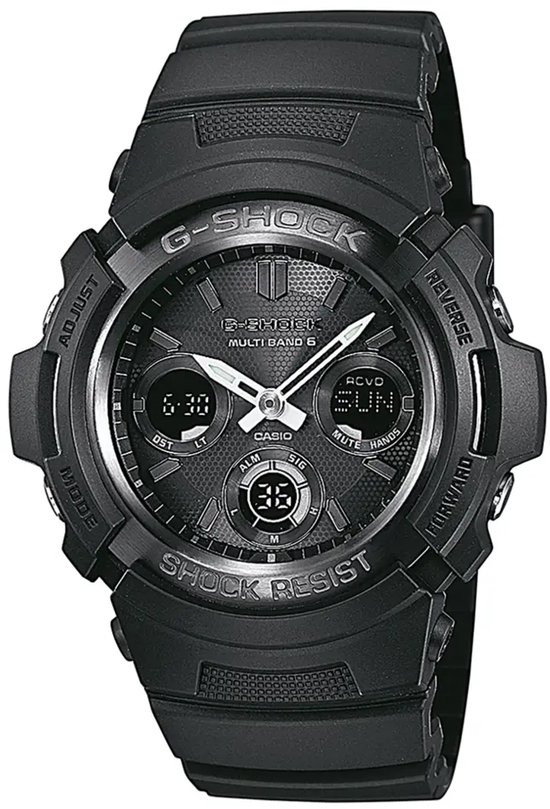 Zwarte G-Shock herenhorloge met analoge en digitale wijzerplaat, met zilverkleurige accenten.