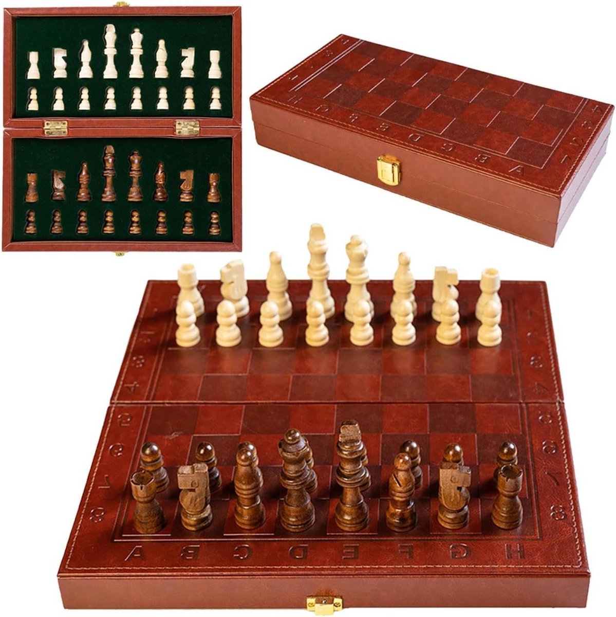 Schaken Bord Set - Leerbordspel Figuren - Familie Spel - Inklapbaar Opslag - 29.5 cm - Houtkleur