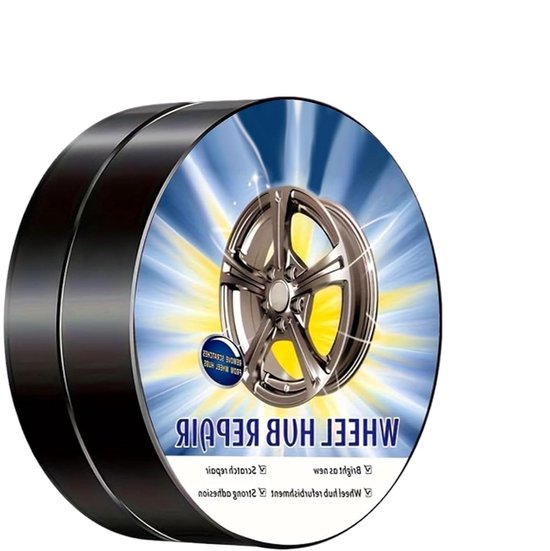 Twee gestapelde blikjes 'WHEEL HUB REPAIR' met afbeelding van glanzende velg.