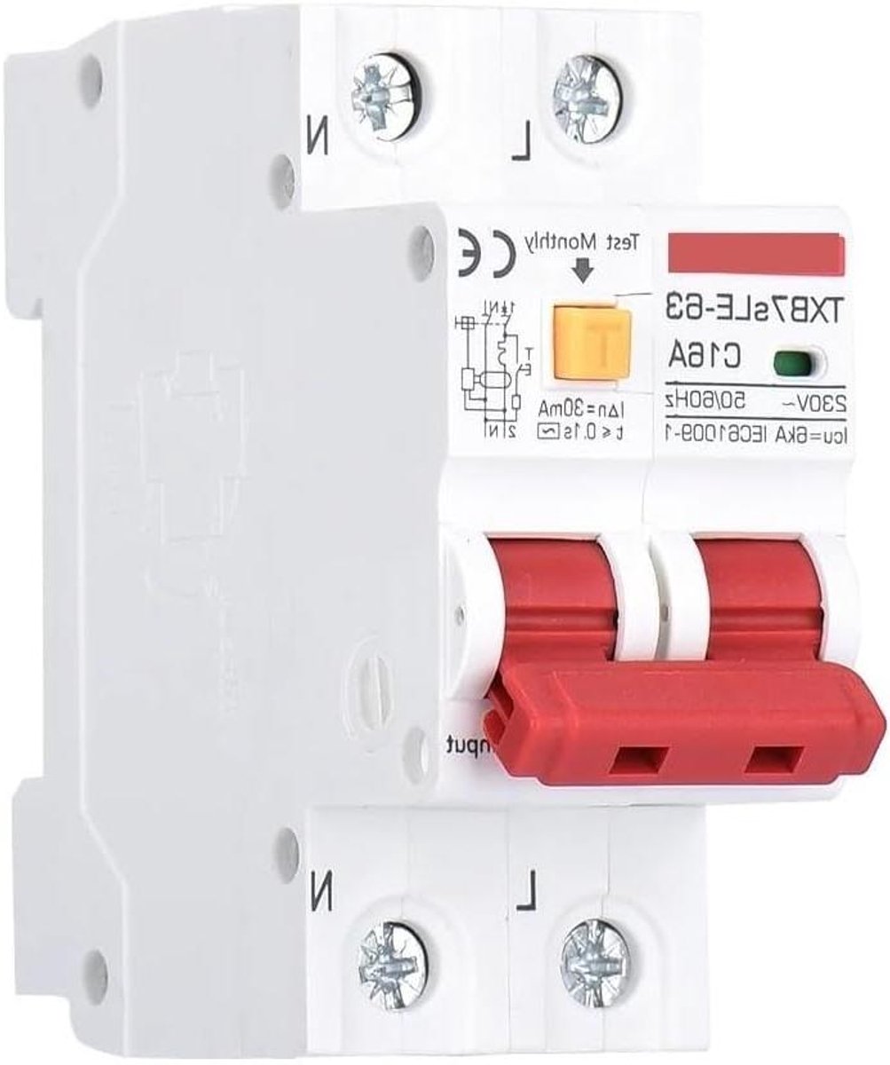 Aardlekschakelaar Paneel - RCBO RCD - Elektrische Beveiliging - 30mA Lekstroom - 230V 16A - Grijs