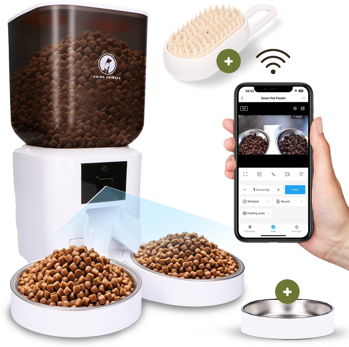 Automatische Voerbak Kat en Hond 7L Upgraded – Slimme Voerdispenser met Camera – Full HD 1080P Night Vision – Two-Way Audio – RVS Dubbele en Enkele Voerbak – App-bediening – Voerschema Instellen – Prime AnimalZ – Zwart