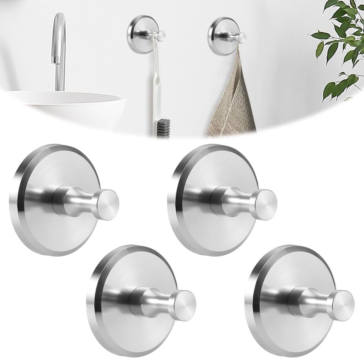 Set van 4 Zuignap Haakjes van Roestvrij Staal voor Badkamer, Towel Haak zonder Boren, Herbruikbare Accessoire voor Douche en Keuken, Ideaal voor Glazen Deuren en Tegels
