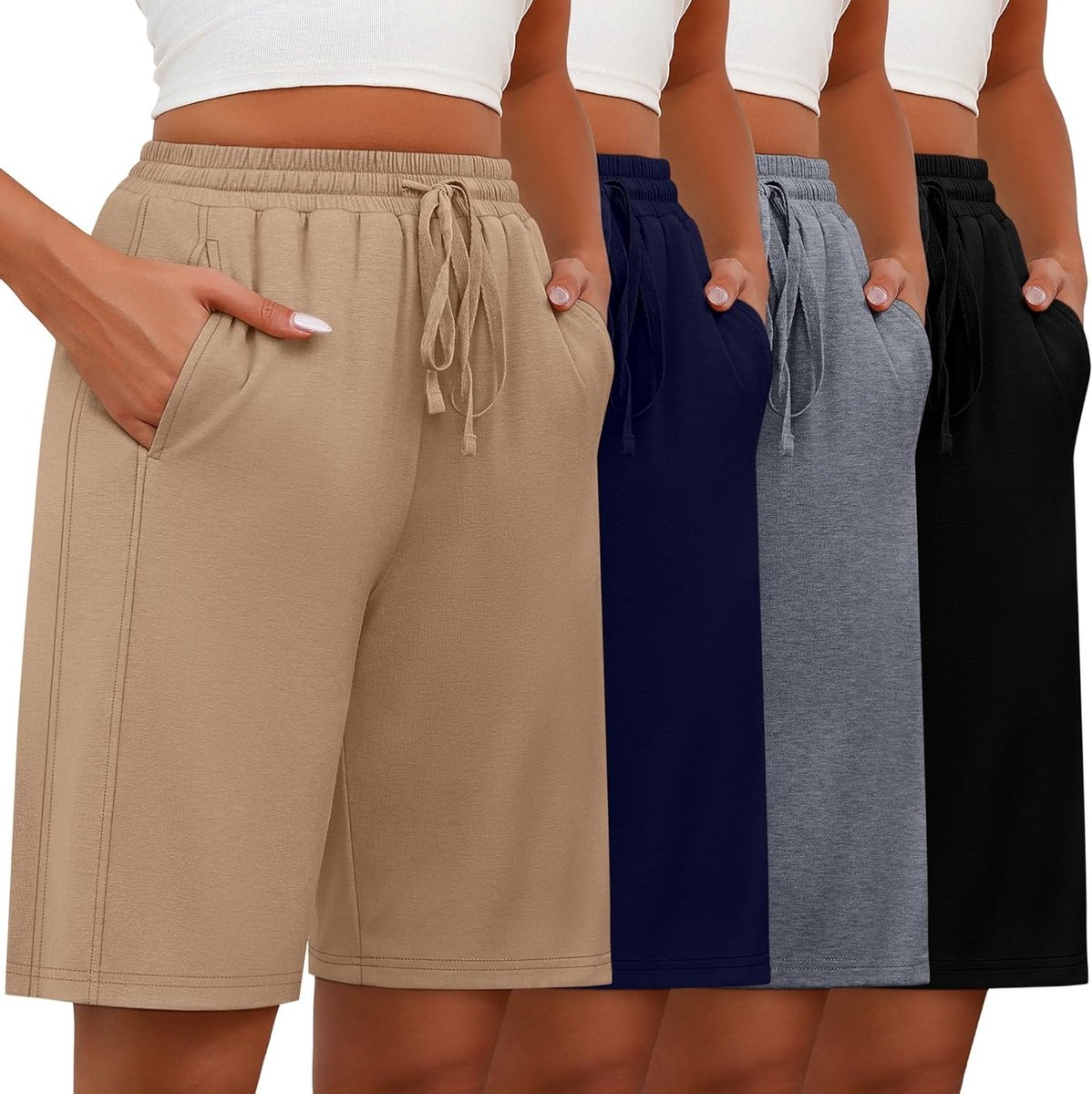 4-Delige Bermuda Shorts voor Dames met Trekkoord en Elastische Tailleband, Casual, Wijde Pijpen, Lange Shorts in Zwart, Lichtgrijs, Marineblauw en Khaki voor Comfort en Stijl