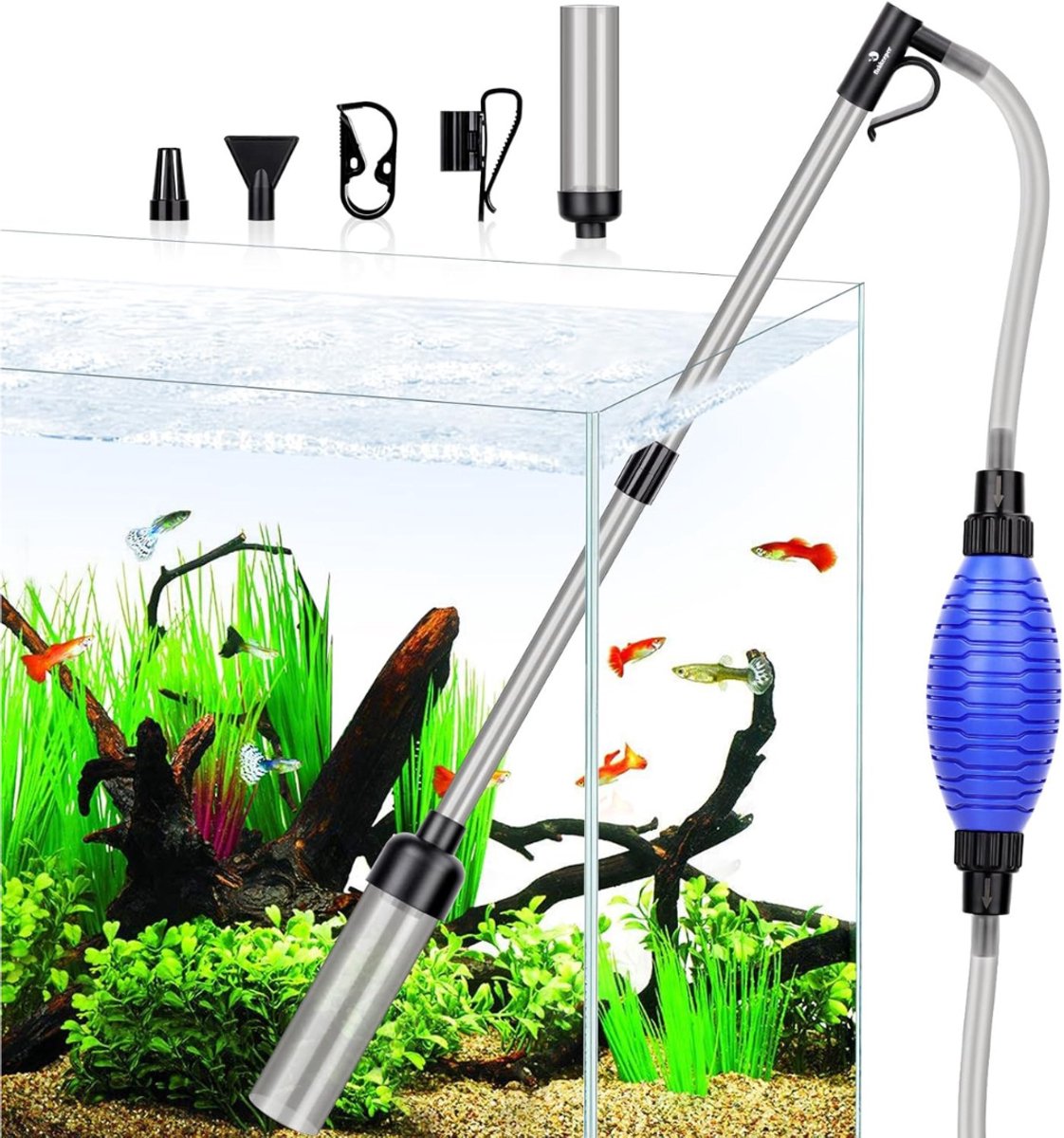 YOR® Aquarium Stofzuiger - Bodemreiniger - Gravel Cleaner – Bodemzuiger - Aquariumstofzuiger - Aqurium Schoonmaakset Met Toebehoren - Aquarium Reiniging En Schoonmaken – Glasreiniger- Zilver/Blauw- 42cm x 15cm x 7cm