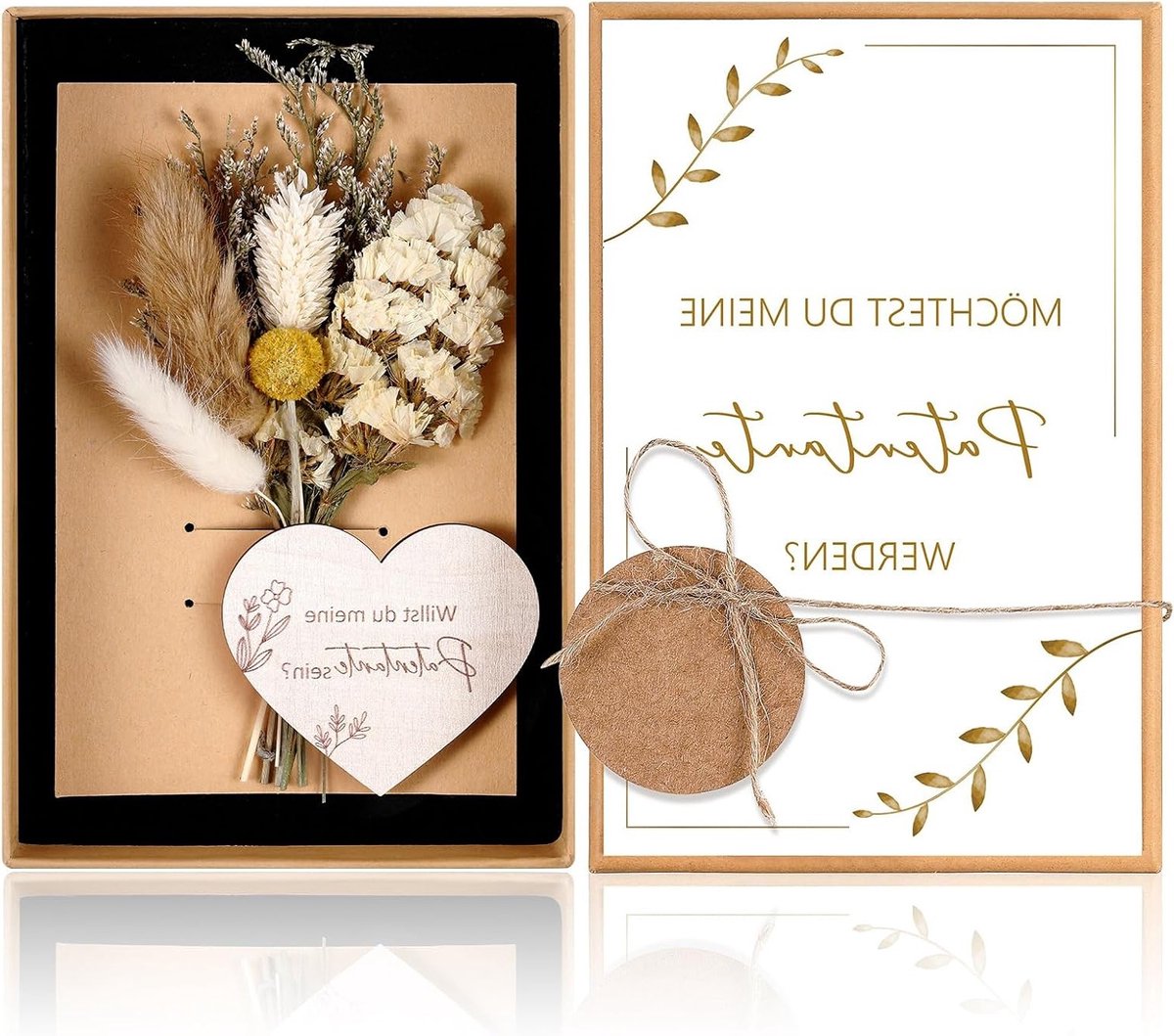 Unieke Geschenkset voor Peetouders met Gedroogde Bloemen, Wenskaart en Houten Hart in Cadeaubox, Perfect voor Doop en Bijzondere Gelegenheden