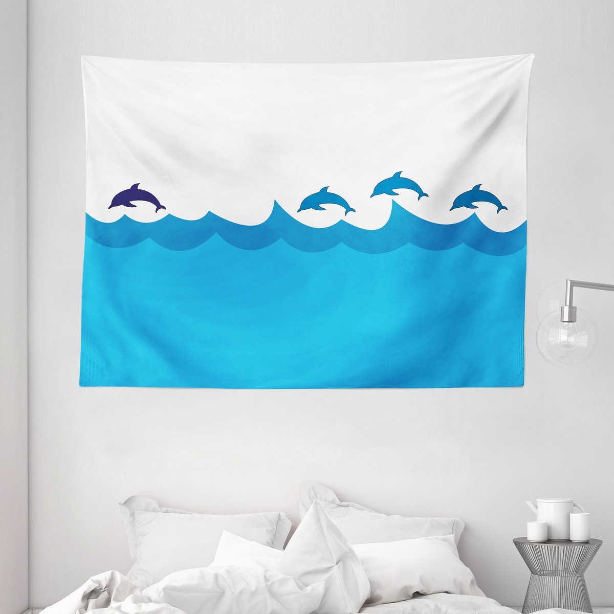 ABAKUHAUS Wandtapijt met zeedieren, Lood en 3 dolfijnen in de schaduw op de golven, 230 x 140 cm, blauw turkoois
