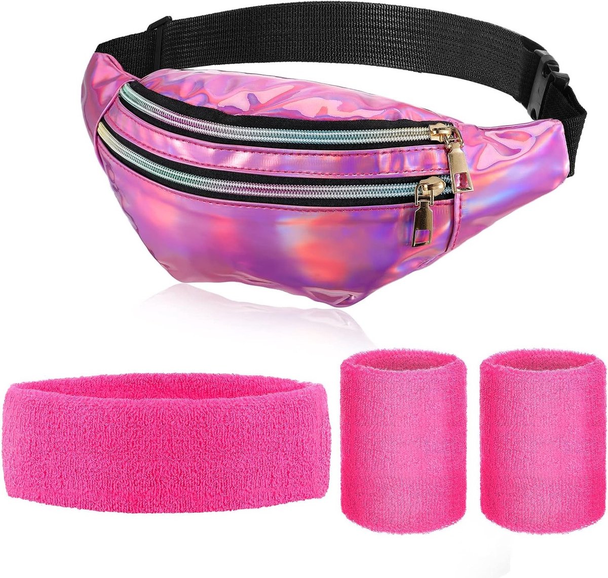 Retro Kostuumaccessoires Set van 4 voor Feestjes en Carnavals, Inclusief Heuptas, Zweetband, Hoofdband en Armbanden in Paars en Rood