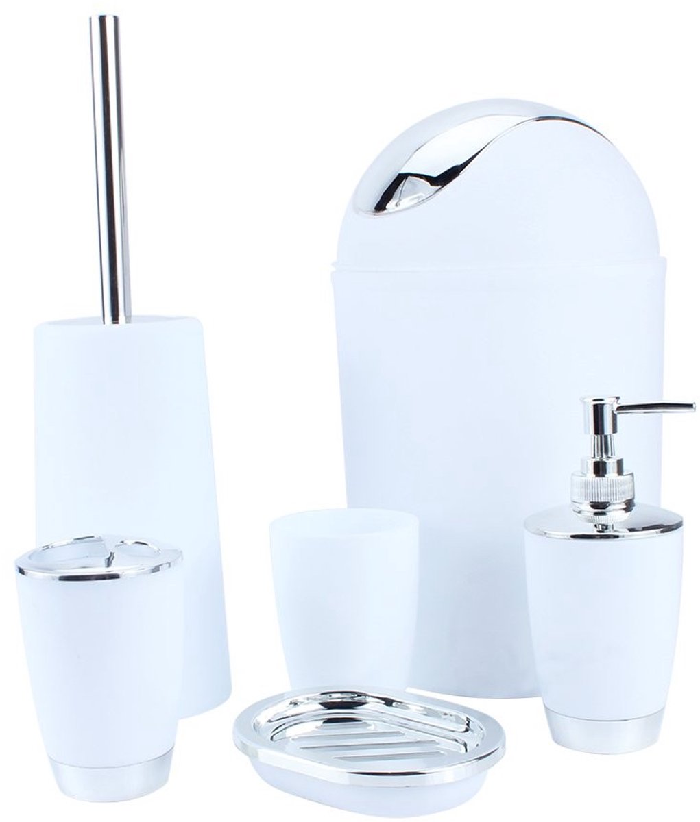 Allecto - Dioche 6-delige badkamerset - Zeepdispenser en toiletborstel - Milieuvriendelijk - Wit - Handdesinfectiefles - Perfect voor moderne badka...