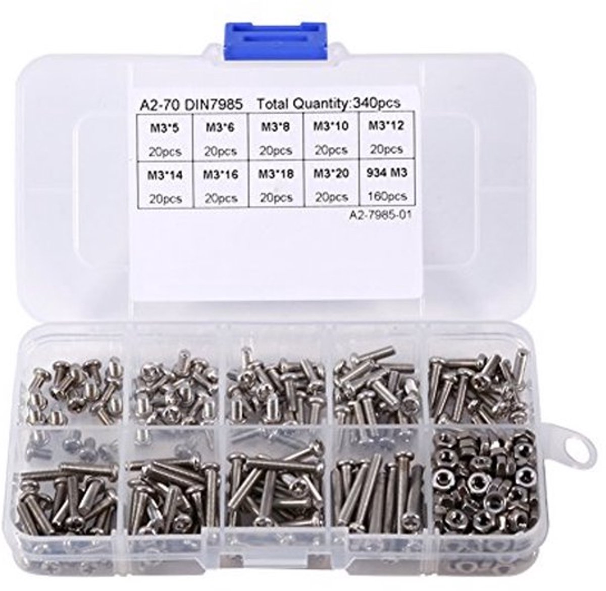 340Pcs M3 Roestvrij Stalen Schroeven en Moeren Set met Box