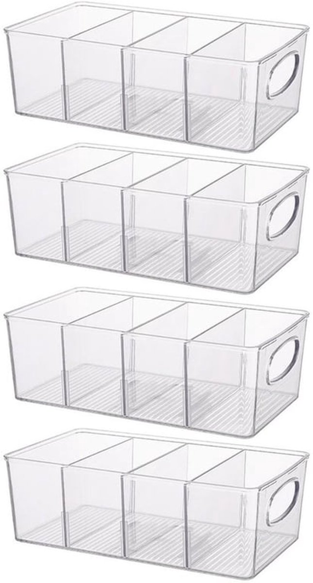 Plastic voorraadorganizers en opbergdozen met verwijderbare verdelers - Perfecte keuken, voorraadkast, koelkast, wasruimte opslag - 4-pack (Grootte: 4)