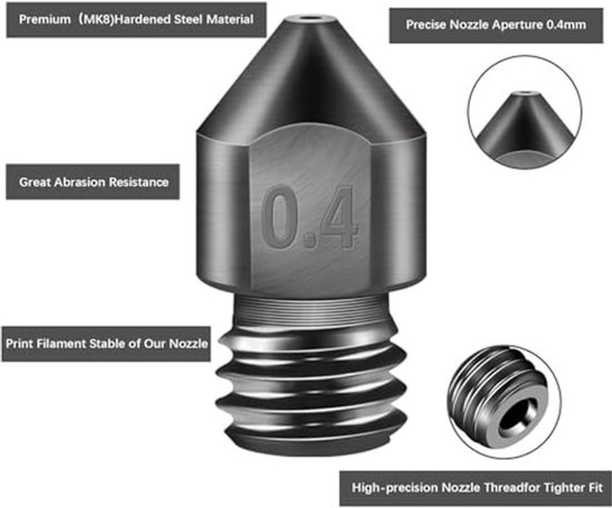 MK8 3D Printer Nozzles, 0.4 mm, Tempered Steel Nozzles + RVS Reinigingskit, voor Creality Ender 3 FDM 3D Printers Extruder Nozzles