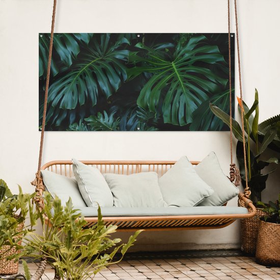 Tuinposter 160x80 cm - Tuindecoratie Jungle - Bladeren - Design - Poster voor in de tuin - Buiten decoratie - Schutting tuinschilderij - Tuindoek muurdecoratie - Wanddecoratie balkondoek