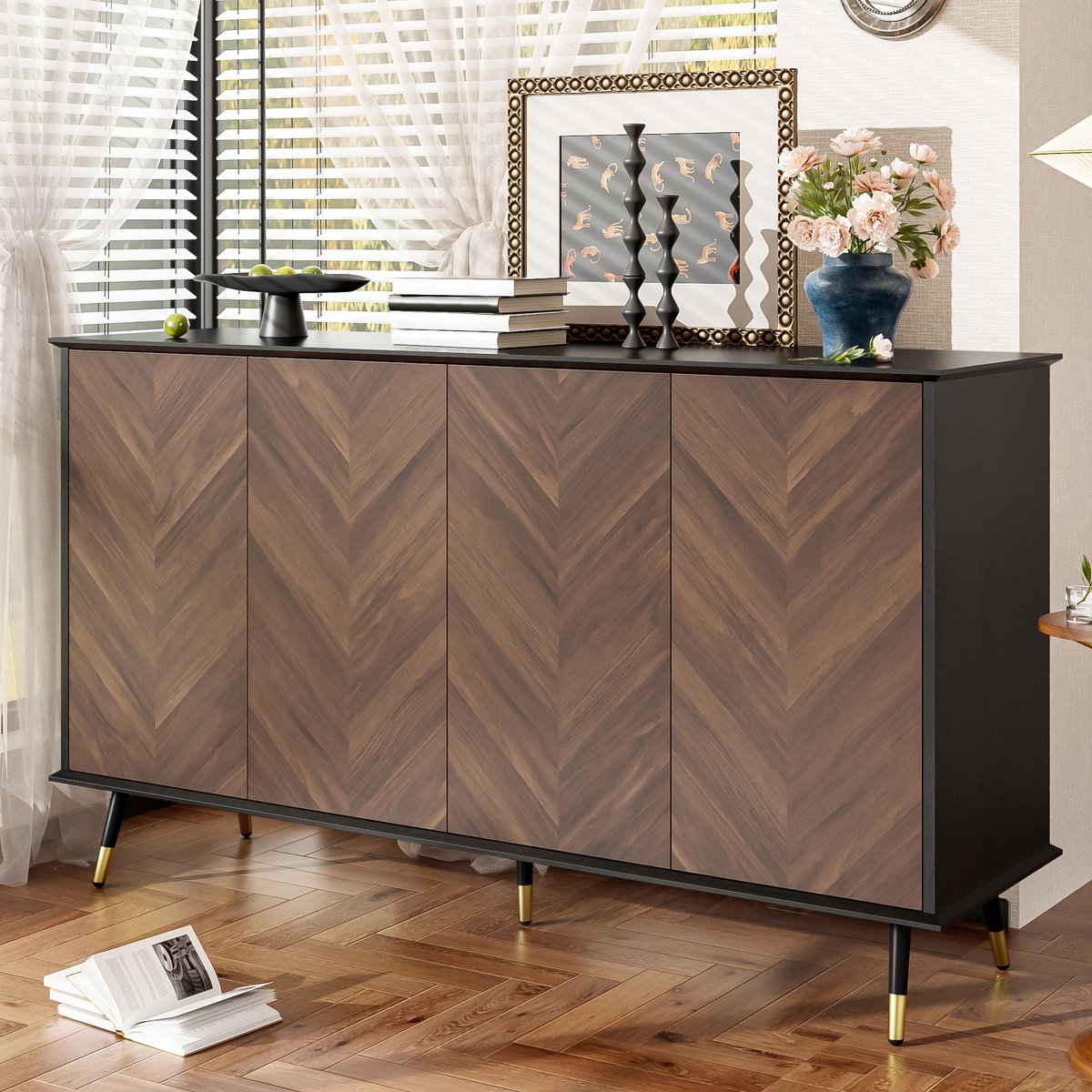 Clruro Dressoir - Met Visgraat Design - 4 Deuren Verstelbare Planken - MDF Metalen Poten - Hout - Natuur Zwart