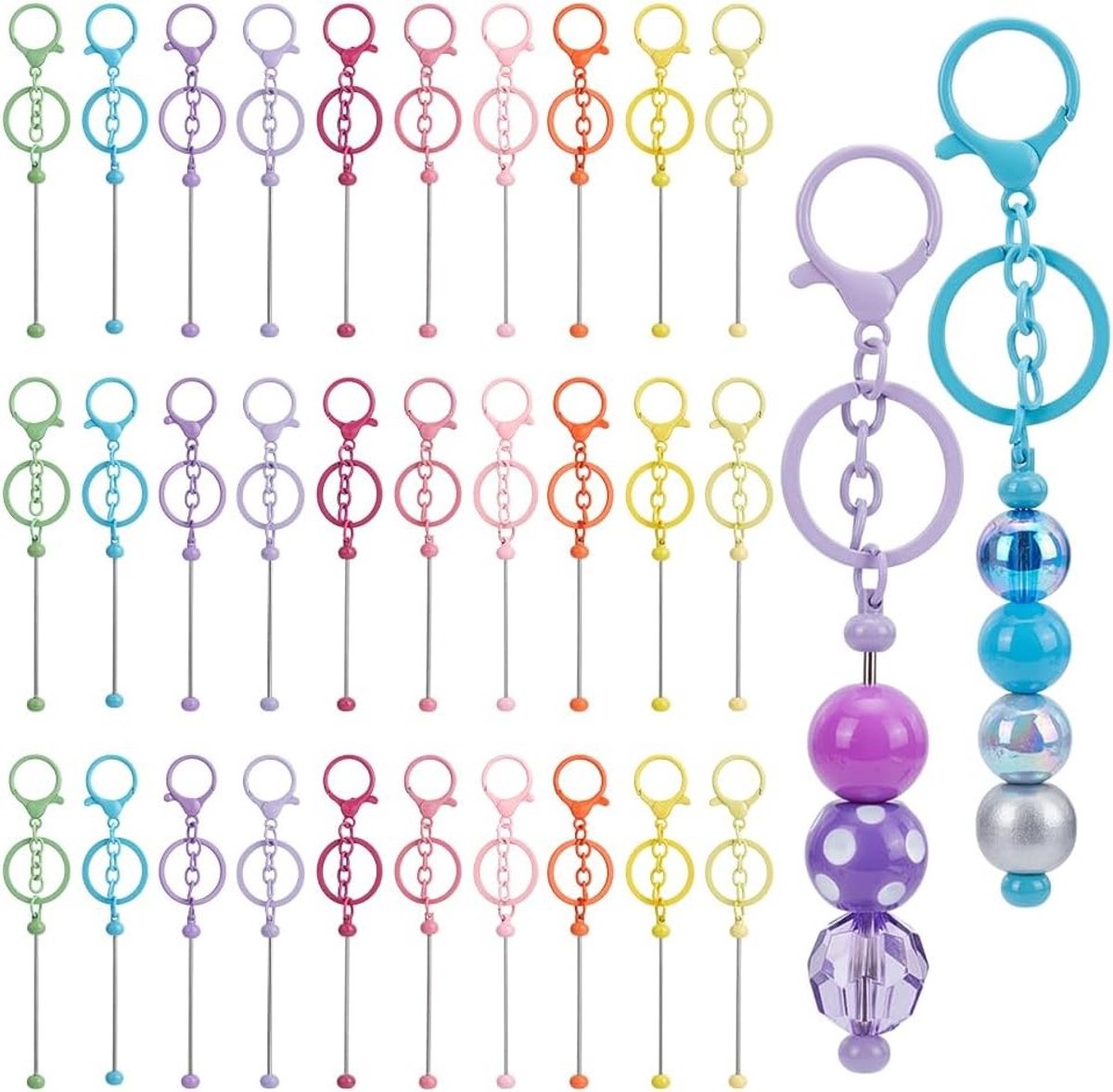 40 Stuks Kleurige Sleutelhangers met Lege Kralen, DIY Kralen met Sluitingen en Karabijnhaken voor Creatieve Projecten, Ambachten en Sieraden Maken