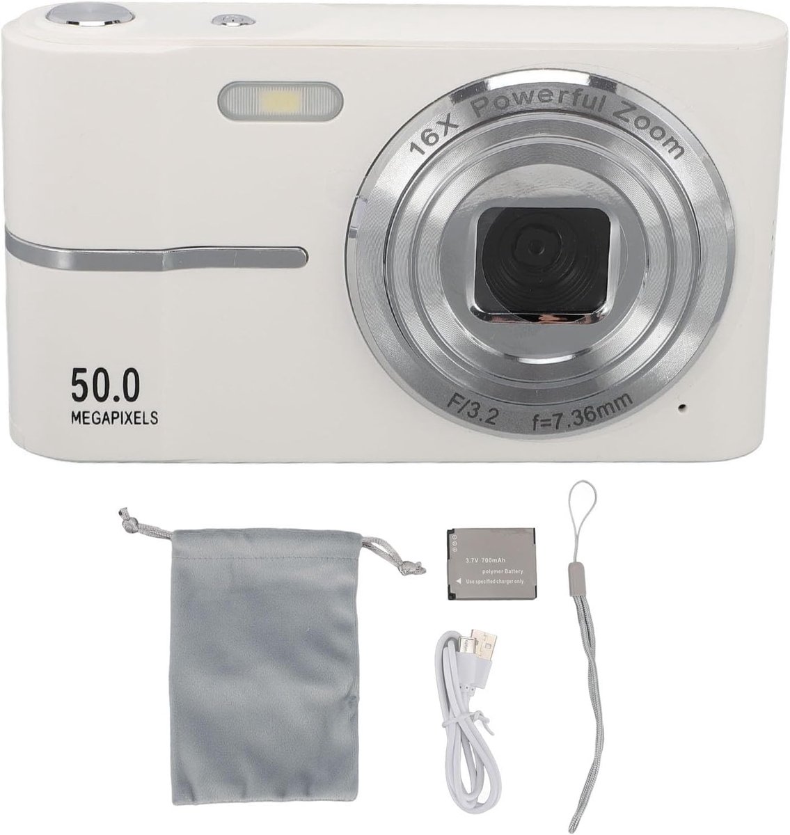Compacte digitale camera, compacte camera met autofocus, meerdere filters en een 2,4 inch scherm, ideaal voor studenten en op reis (wit)