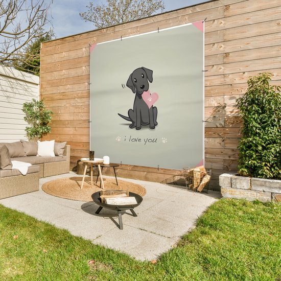 Tuinposter 200x200 cm - Tuindecoratie Een illustratie van een zwarte puppy met een hart - Poster voor in de tuin - Buiten decoratie - Schutting tuinschilderij - Tuindoek muurdecoratie - Wanddecoratie balkondoek