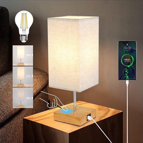 NETTLIFE E27 Tafellamp - hout - rechthoekig - 3000K Warm wit Licht - Touch Dimbaar - nachtlamp met USB laadfunctie - stoffen lampenkap - voor Nachtkastje | Eetkamer | Woonkamer | Slaapkamer - excl. lichtbron