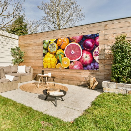 Tuinposter 160x80 cm - Tuindecoratie Fruit - Regenboog - Kleuren - Poster voor in de tuin - Buiten decoratie - Schutting tuinschilderij - Tuindoek muurdecoratie - Wanddecoratie balkondoek