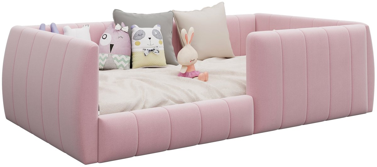 Merax Kinderbed 90x200 - Gestoffeerd Bed - Fluweel - Veiligheidshek - Houten Lattenbodem - Roze