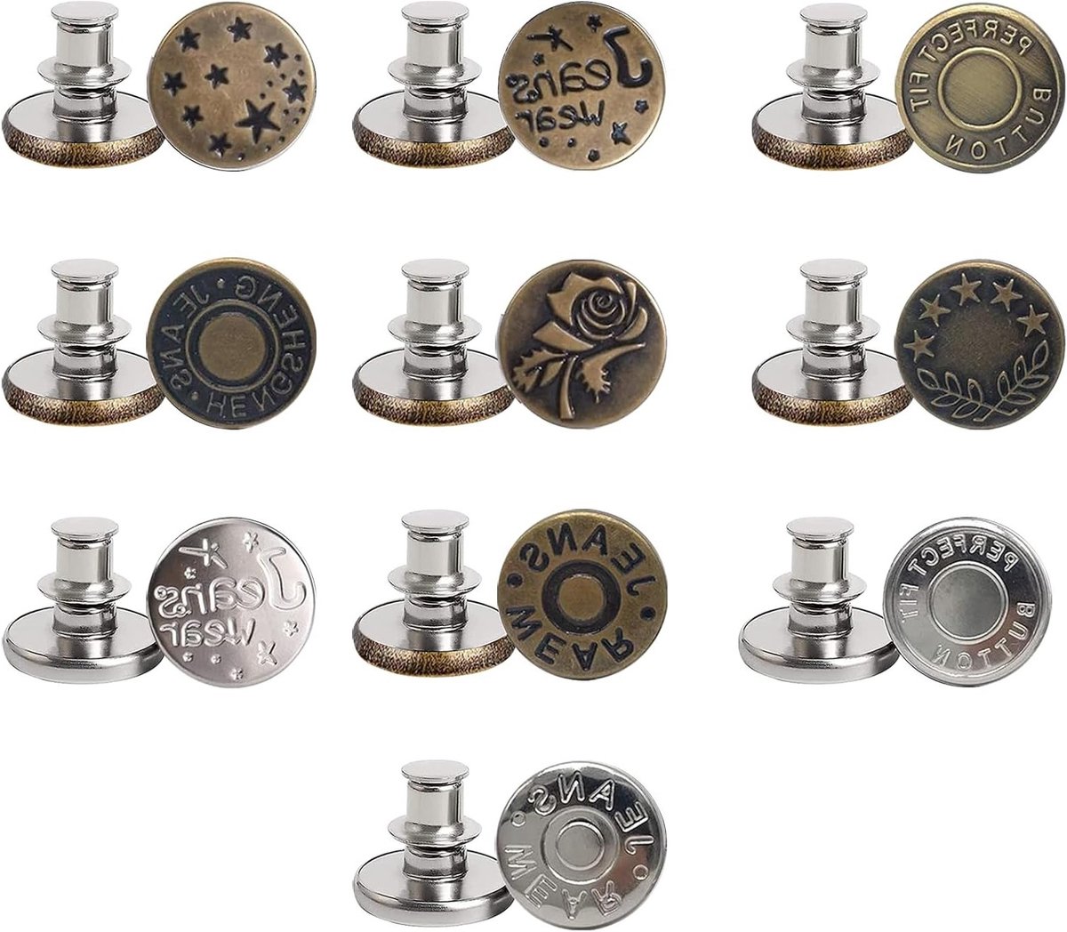 17mm Jeans Knopen Vervangingsset met Metalen Basis, 10 Stuks Afneembare Knopen voor Kleding en Accessoires