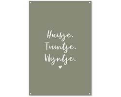 Tuinposter 80x120 cm - Tuindecoratie Tekst - Huisje, tuintje, wijntje - Thuis - Quotes - Wijn - Poster voor in de tuin - Buiten decoratie - Schutting tuinschilderij - Tuindoek muurdecoratie - Wanddecoratie balkondoek