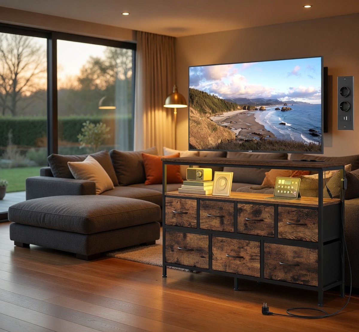 Industriële LED Dressoirkast met 7 Lades en USB-C Oplaadstation – Smart Sideboard met App Bestuurbare Verlichting – Vintage Bruin & Zwart – Mobili Bella