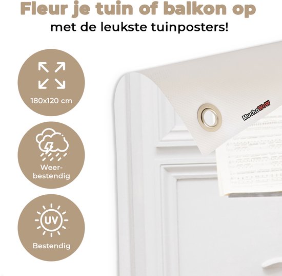 Tuinposter 180x120 cm - Tuindecoratie Een cello tegen een witte muur - Poster voor in de tuin - Buiten decoratie - Schutting tuinschilderij - Tuindoek muurdecoratie - Wanddecoratie balkondoek