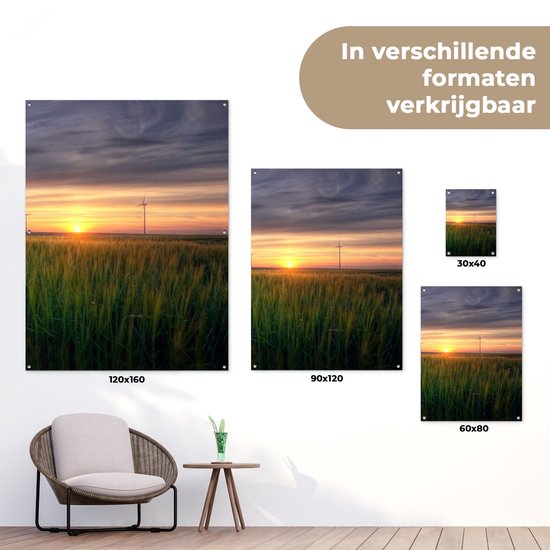 Affiche de jardin - Moulin à vent - Décoration de clôture - Herbe - Décoration de jardin - Jardin - Ciel - Coucher de soleil - Ciel - 60x80 cm - Toile de jardin - Affiche extérieure
