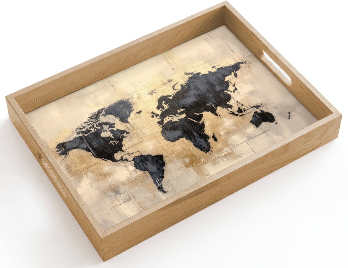 Dienblad hout 40x30 cm - Schootdienblad - Wereldkaart - Goud - Zwart - Abstract - Borrelplank rechthoek - Plateau dienbladen