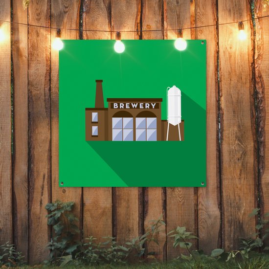 Tuinposter 100x100 cm - Tuindecoratie Illustratie bierbrouwerij op groene achtergrond - Poster voor in de tuin - Buiten decoratie - Schutting tuinschilderij - Tuindoek muurdecoratie - Wanddecoratie balkondoek