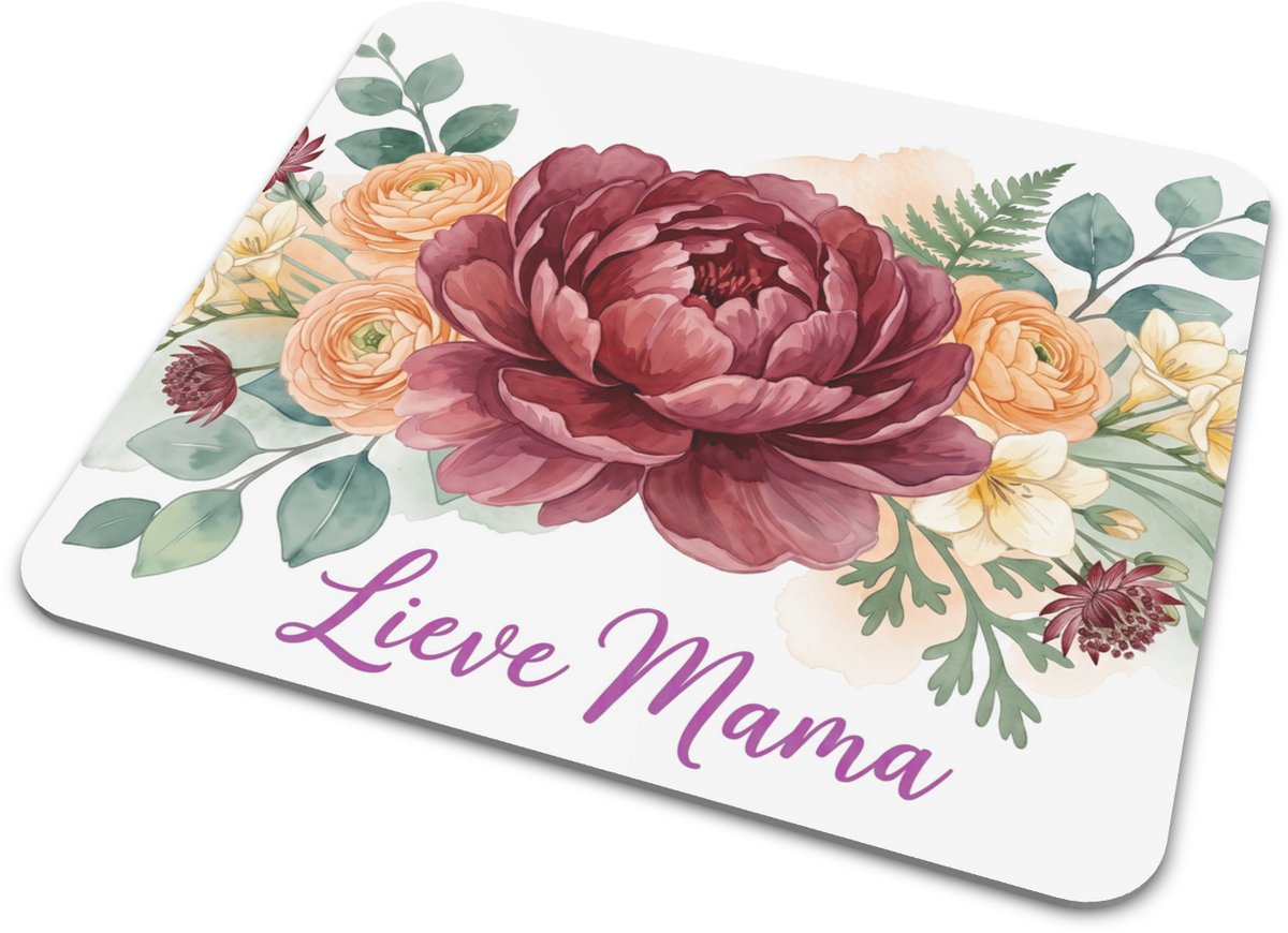 Rechthoekige muismat met aquarel bloemen en tekst Lieve Mama - Cadeau voor Moederdag of verjaardag - Sierlijke rozen en zomerbloeiers illustratie voor bureau - Botanische muismat thuiswerkplek - Lief Cadeau voor Moeder