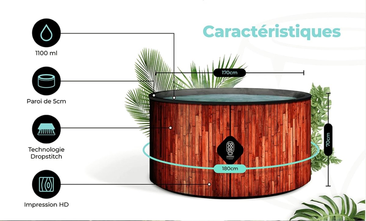 Opblaasbare Hottub Spa Ø 180 cm – 1100L – 138 Jets – 2040W Verwarming – 6 Personen – Ronde Jacuzzi met Houtlook Design & Bubble Massage – Laura