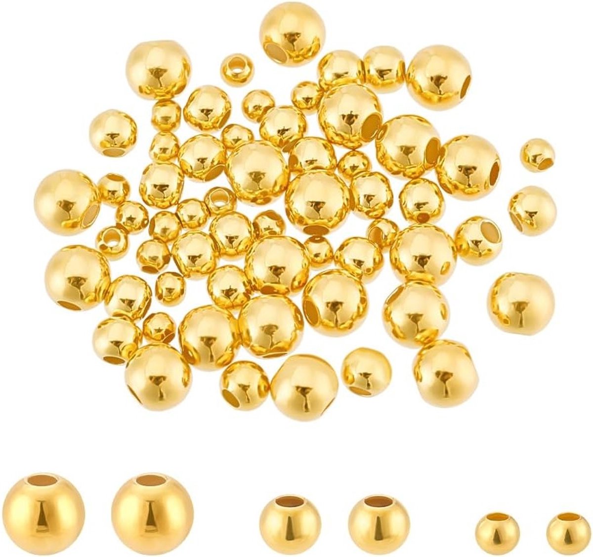 60 Stuks 24K Goud Geplateerde 925 Sterling Zilveren Kralen, 2/3/4mm Glad Ronde Kralen, Naadloze Bal Kralen voor DIY Oorbellen en Armbanden, Creatief Sieraden Maken