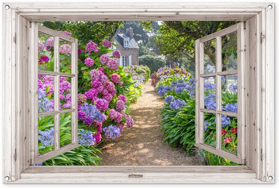 Tuinposter doorkijk bloemen - Wit raam - Tuindecoratie hortensia - 120x80 cm - Tuinschilderij voor buiten paars - Tuindoek - Wanddecoratie tuin - Schuttingdoek - Balkon decoratie - Muurdecoratie - Buitencanvas tuinversiering