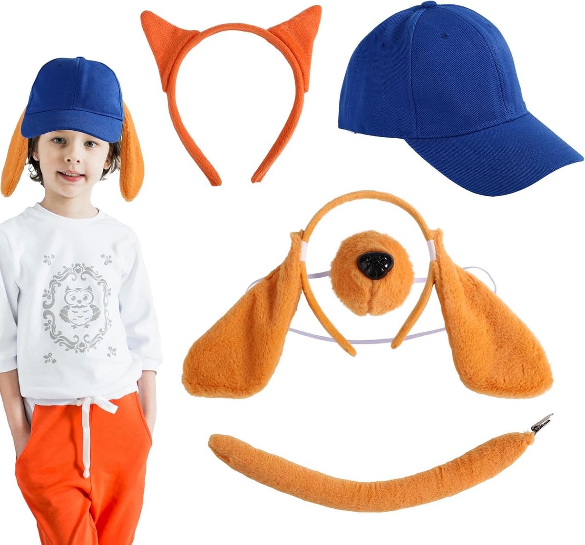 5-delige hondenkostuumaccessoireset met blauwe hondenoren, staart en neus voor Halloween en kerst cosplay voor kinderen