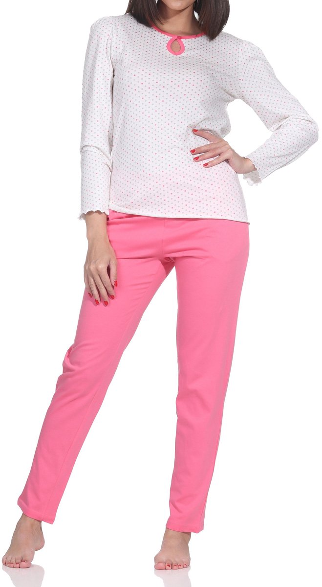 Normann damespyjama met lange mouwen in stippenlook - ook in grote maten pink