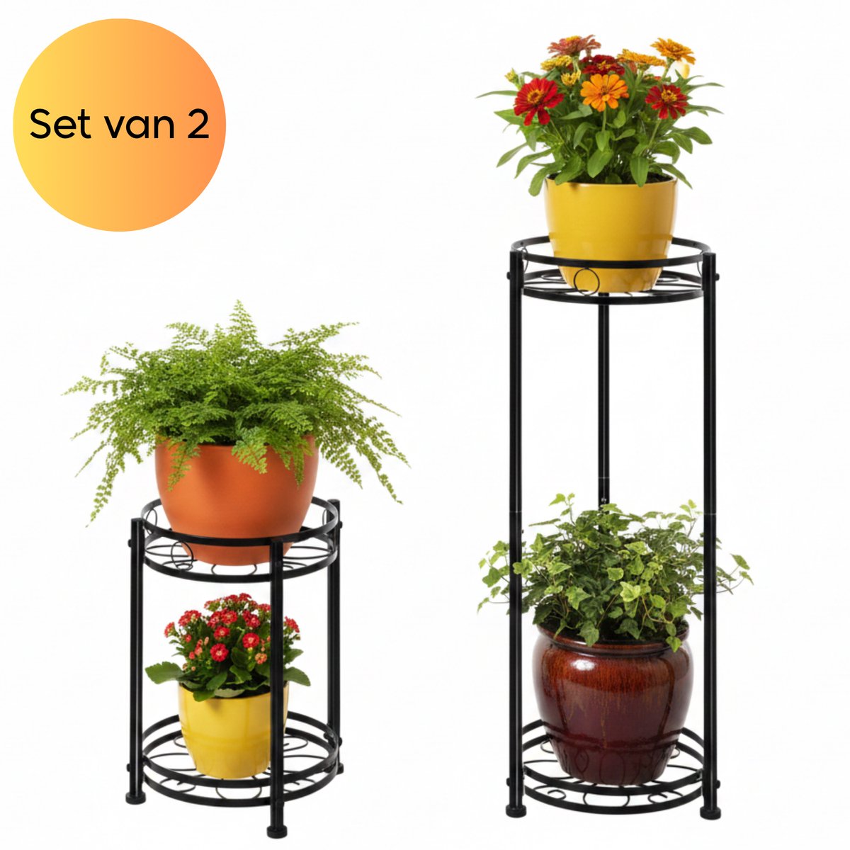 Janse® Bloempothouder set van 2 - 2 lagen - Plantenstandaard zwart - Plant etagère voor binnen en buiten - Metalen plantenbak houder - Planten display - Plantenrek - Woonaccessoires - Tuinaccessoires - Plantentrap - Bloemenrek - Plantentafel