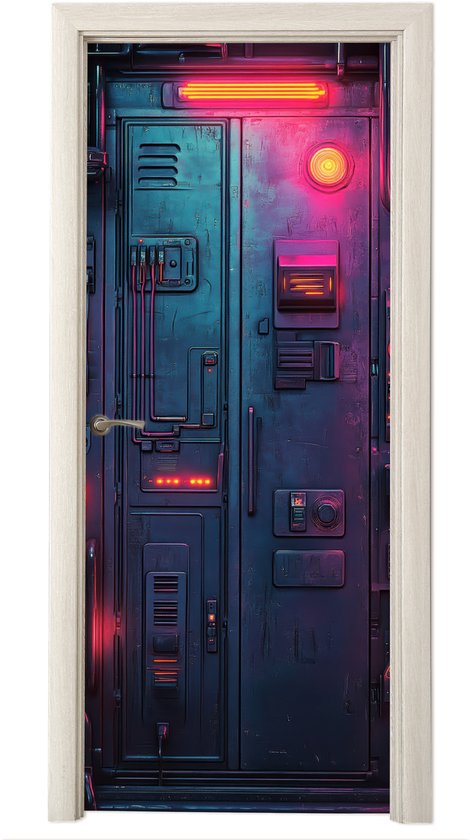 Deurposter 85x205 cm - Deursticker Deur - Futuristisch - Blauw - Roze - Neon - Meubelfolie zelfklevend - Deurfolie woonkamer - Interieurfolie tienerkamer - Kamer decoratie tieners - Game room accessoires - Jongens gaming kinderkamer - Gameroom