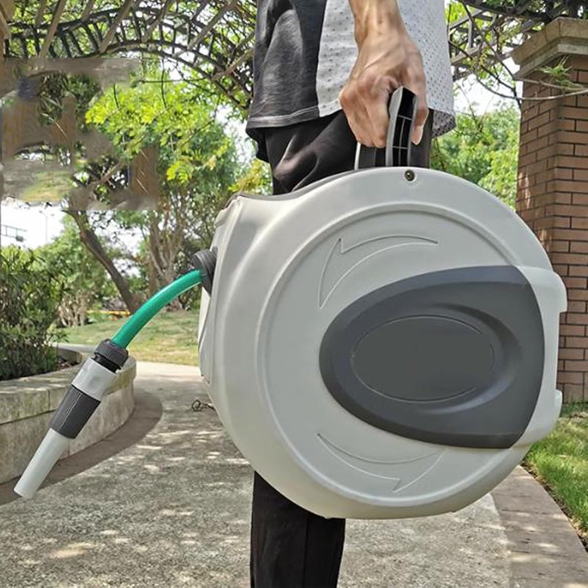 Tuinslang Houder - Wandslangenbox Slanghaspel - Tuin Besproeien - Draaibare Slanggeleider - 20 Meter Slang - Grijs – foto 2