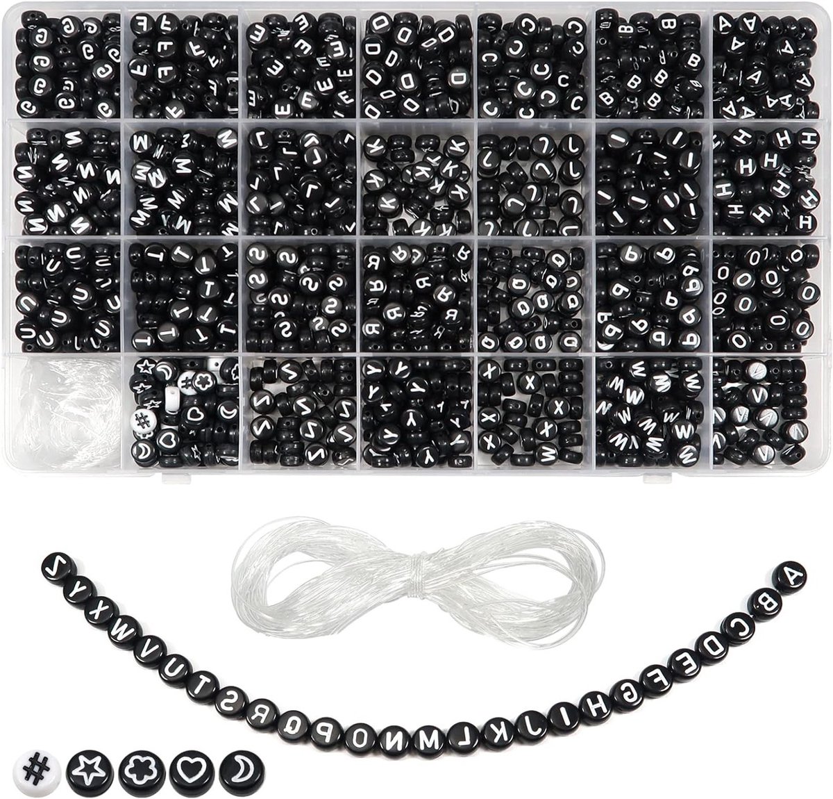 1440 Stuks 7 x 4 mm Acryl Alphabet Letters Kralen A tot Z Zwart en Wit Ronde Kralen met 15m Kristal Draad voor Armbanden, Kettingen en Sieraden Maken