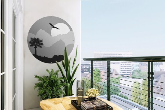 Garden Circle Soleil - Palmier - Vogel - Zwart - Wit - 60x60 cm - Affiche de jardin ronde - Extérieur