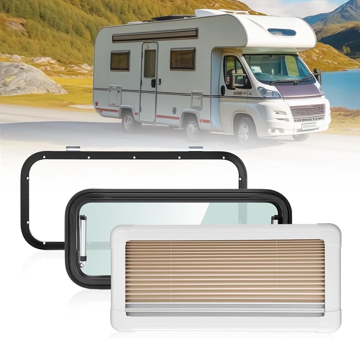 Opklapbaar zijraam met insectenbescherming en zonwering voor caravans, 700 x 300 mm