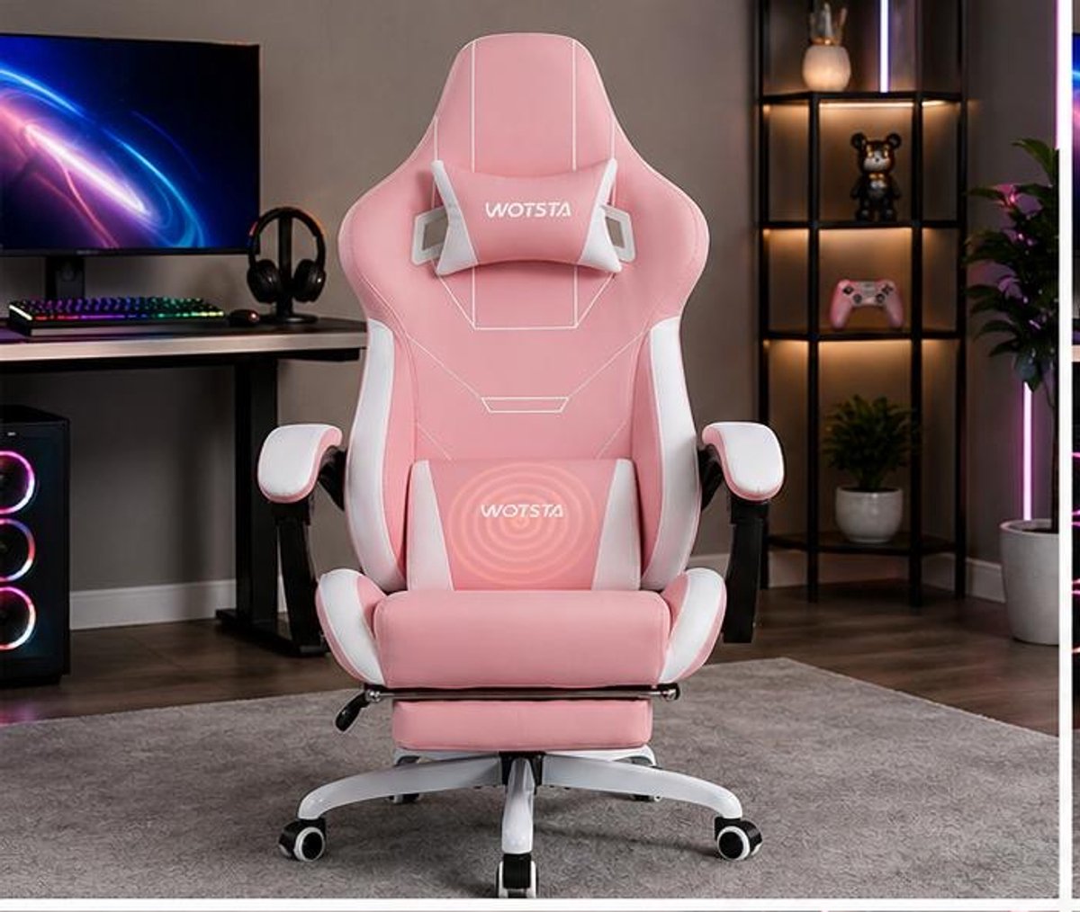 Gaming stoel ergonomisch met voetsteun verstelbaar 90°–155° – bureaustoel gamer met massage lendenkussen, memory foam hoofdsteun, PU-leer, 360° draaibaar, blauw – Vermissen
