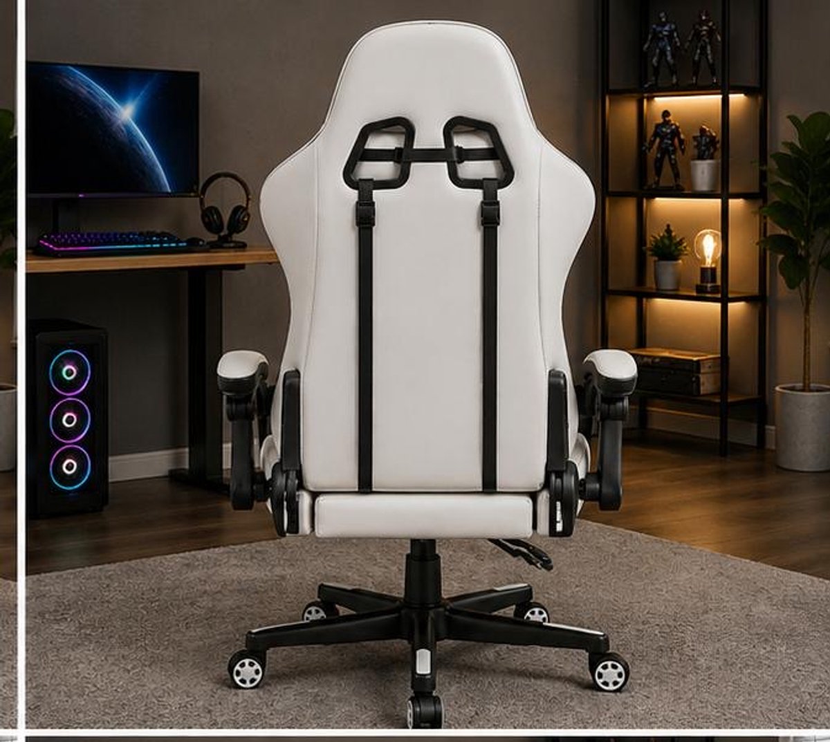 Gaming stoel ergonomisch met voetsteun 70 x 70 x 130 cm – bureaustoel met massagefunctie, verstelbare rugleuning 90°–135°, memory foam, PU-leer, 360° draaibaar, wit-rood – Vermissen