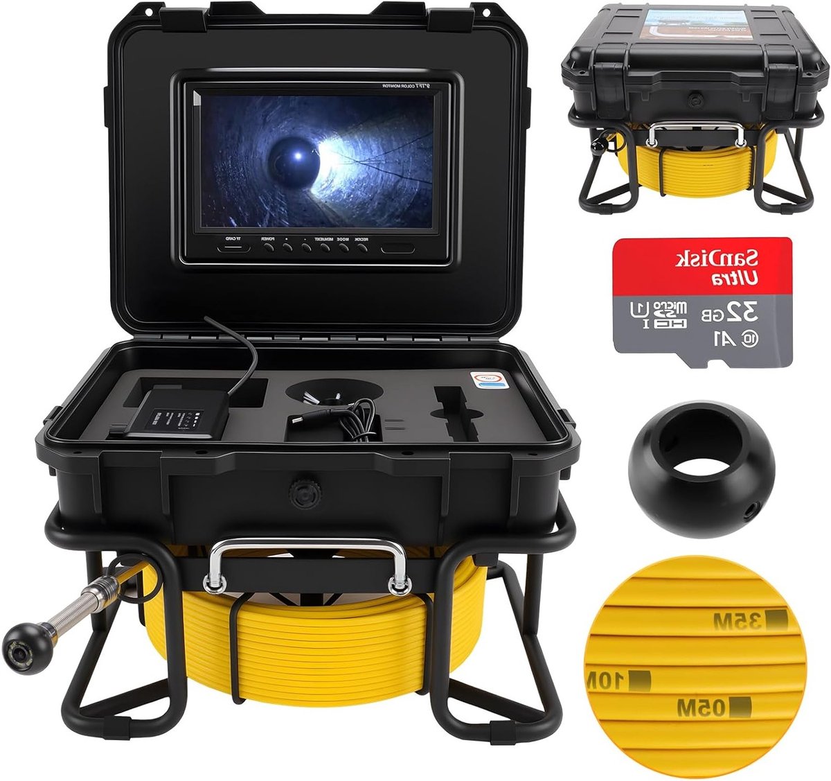 Professionele Endoscoopcamera met Verlichting tot 50 m, 9 Inch Scherm, 1080P HD, IP68 Waterdicht, Geschikt voor Loodgieters en Inspecties, Inclusief 32GB TF Kaart