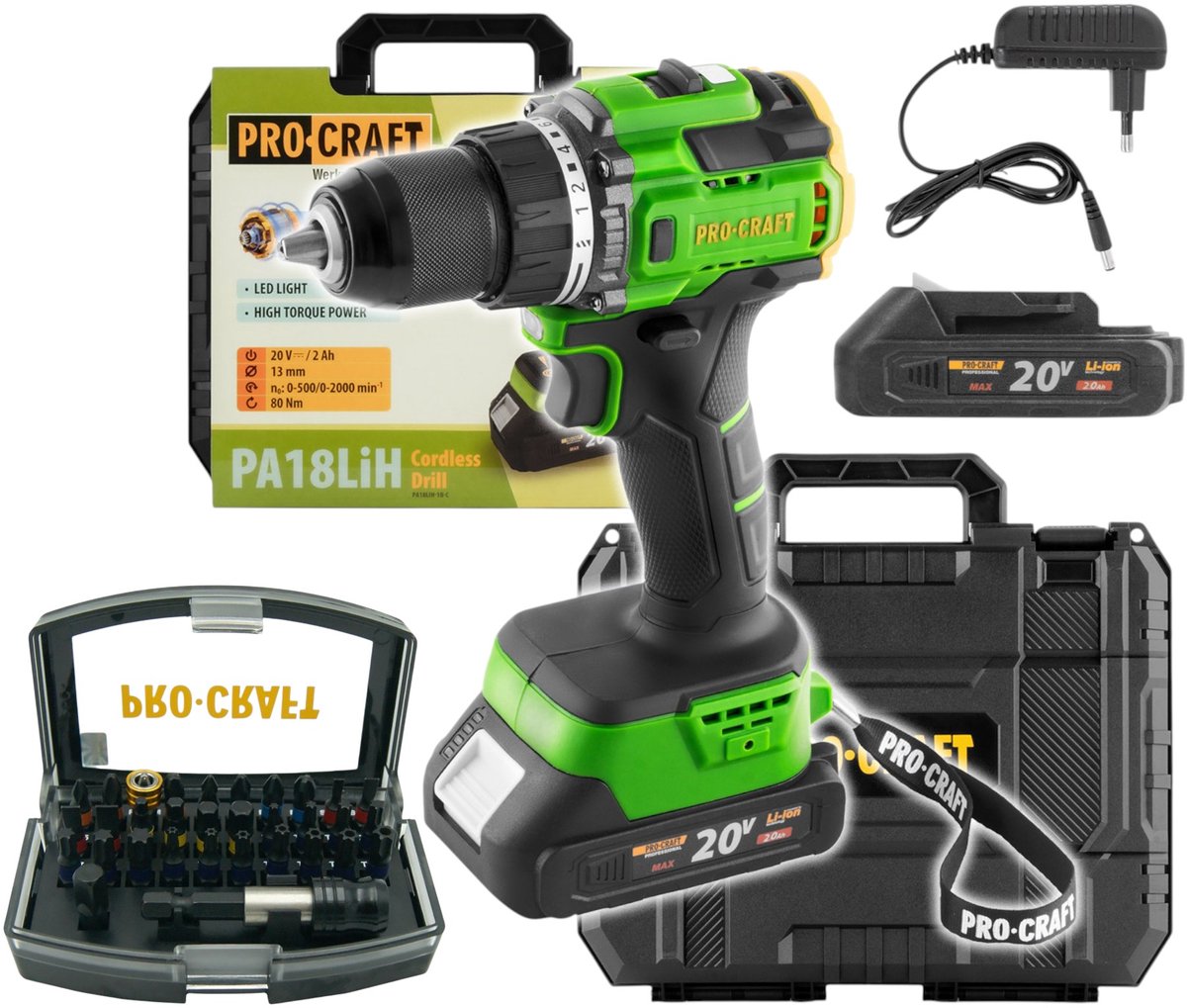 Procraft PA18LiH-1B-C accuboormachine 20 V 80 Nm borstelloos + 1x accu 2,0 Ah + oplader + koffer