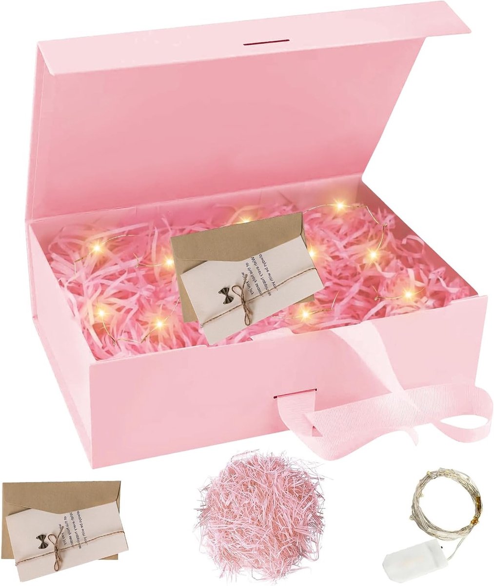 Cadeaubox 21 x 17 x 7 cm met Strik, Inclusief Kaart en Creatief Licht, Perfect voor Verjaardag, Kerst en Valentijnsdag